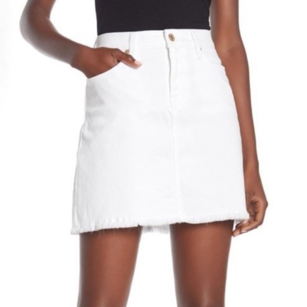 7 For All Mankind White Denim Raw Hem A-Line Mini Skirt